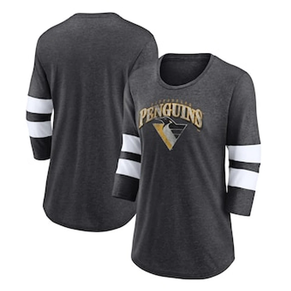 Women's Fanatics Heather Charcoal Pittsburgh Penguins Special Edition 2.0 Barn Burner 3/4 Sleeve T-Shirt