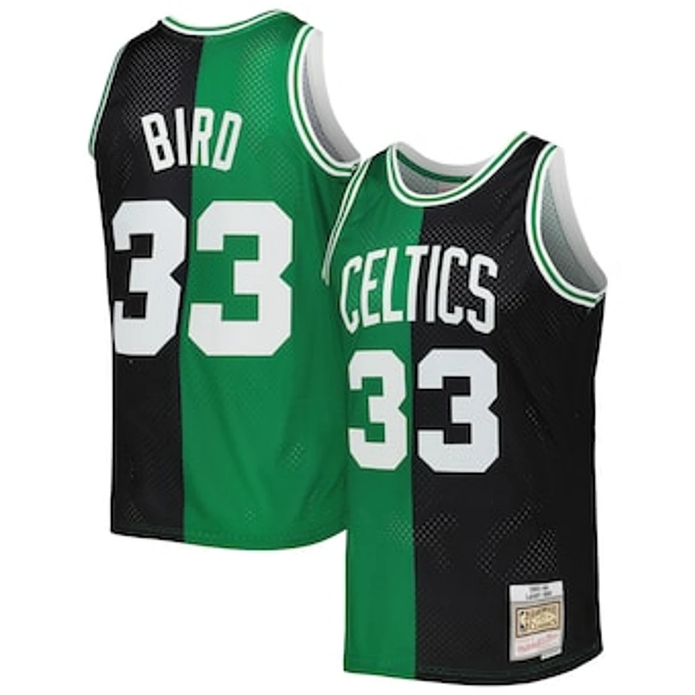 Men's Mitchell & Ness Larry Bird Black/Kelly Green Boston Celtics Hardwood Classics 1985/86 Split Swingman Jersey