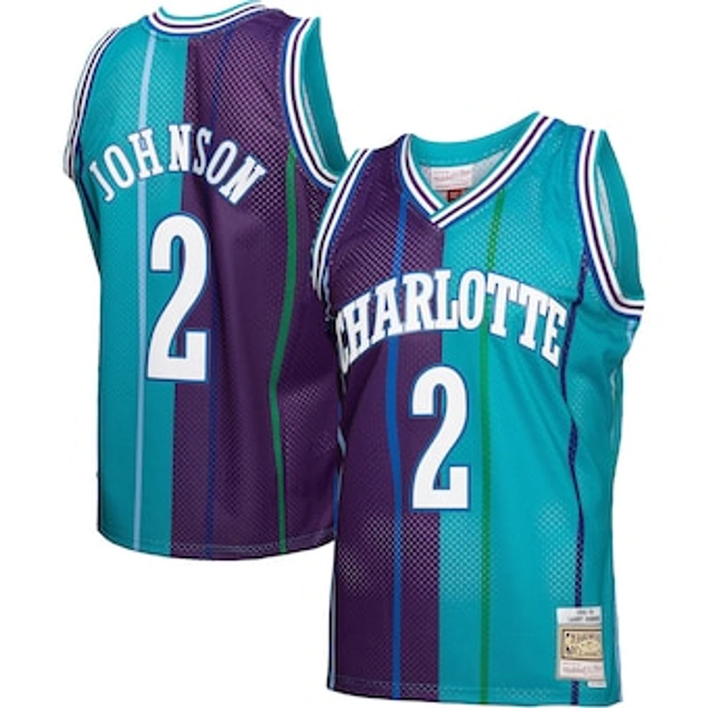 Men's Mitchell & Ness Larry Johnson Teal/Purple Charlotte Hornets Hardwood Classics 1992/93 Split Swingman Jersey