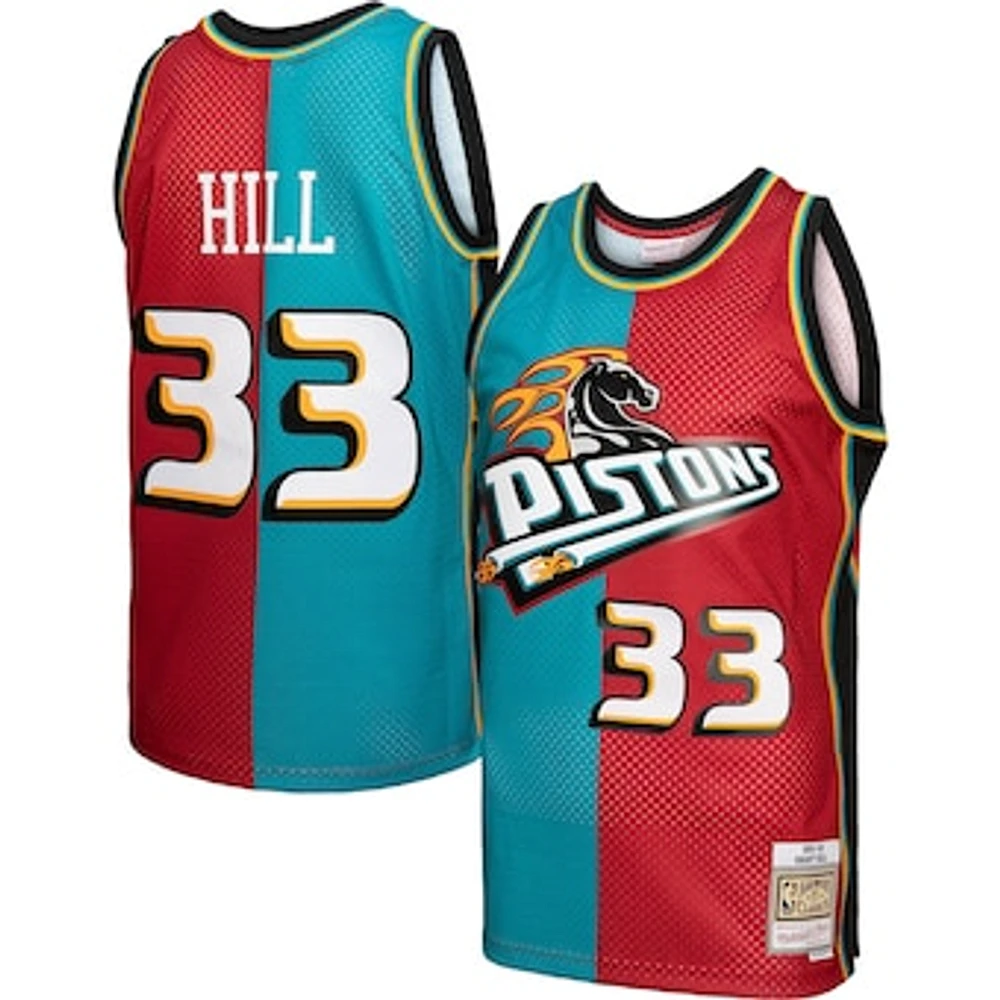 Men's Mitchell & Ness Grant Hill Teal/Red Detroit Pistons Hardwood Classics 1999/00 Split Swingman Jersey