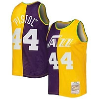 Men's Mitchell & Ness Pete Maravich Purple/Yellow New Orleans Jazz Hardwood Classics 1974/75 Split Swingman Jersey