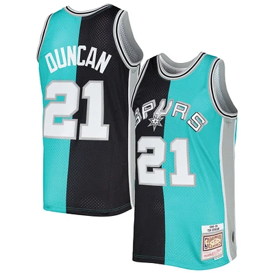 Men's Mitchell & Ness Tim Duncan Black/Teal San Antonio Spurs Hardwood Classics 1998/99 Split Swingman Jersey