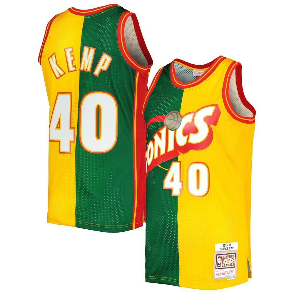 Men's Mitchell & Ness Shawn Kemp Green/Gold Seattle SuperSonics Hardwood Classics 1995/96 Split Swingman Jersey