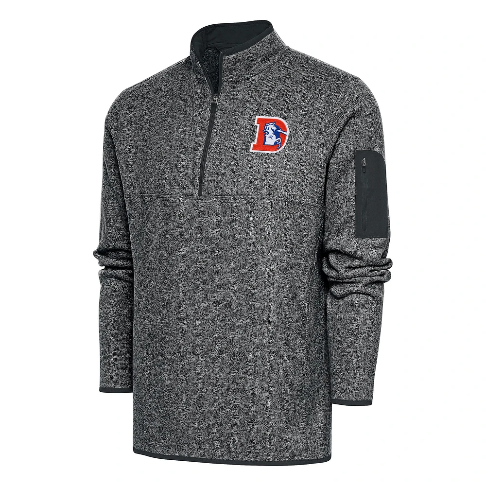 Men's Antigua Heather Charcoal Denver Broncos Throwback Fortune Quarter-Zip Pullover Jacket