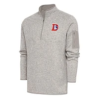 Men's Antigua Oatmeal Denver Broncos Throwback Fortune Quarter-Zip Pullover Jacket