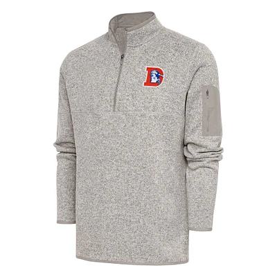 Men's Antigua Oatmeal Denver Broncos Throwback Fortune Quarter-Zip Pullover Jacket