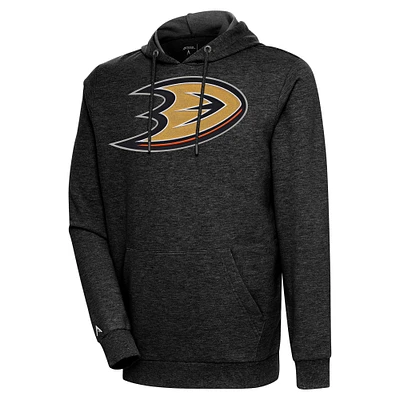 Men's Antigua Heather Black Anaheim Ducks Logo Action Chenille Pullover Hoodie