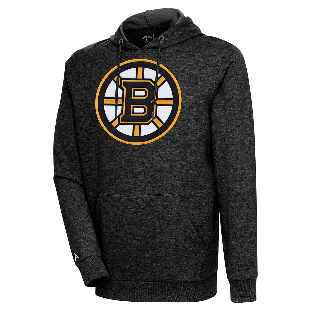 Men's Antigua Heather Black Boston Bruins Logo Action Chenille Pullover Hoodie