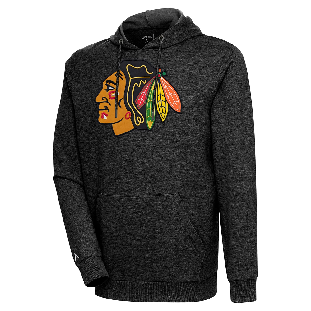 Men's Antigua Heather Chicago Blackhawks Logo Action Chenille Pullover Hoodie