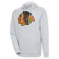 Men's Antigua Heather Gray Chicago Blackhawks Logo Action Chenille Pullover Hoodie