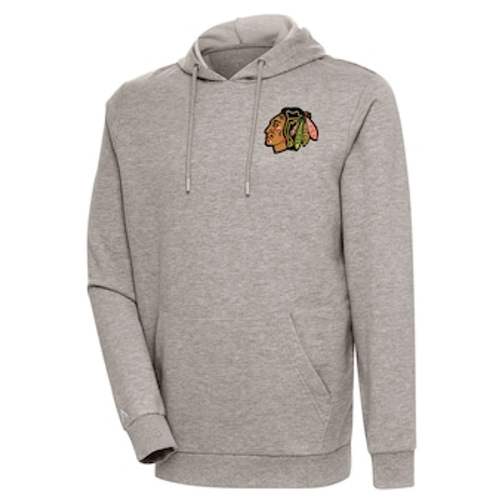 Men's Antigua Oatmeal Chicago Blackhawks Action Chenille Pullover Hoodie