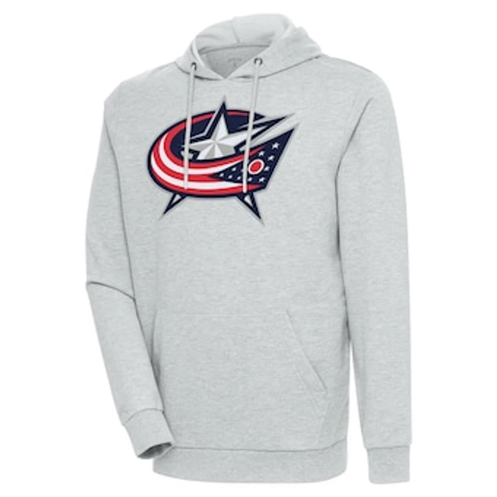 Men's Antigua Heather Gray Columbus Blue Jackets Logo Action Chenille Pullover Hoodie