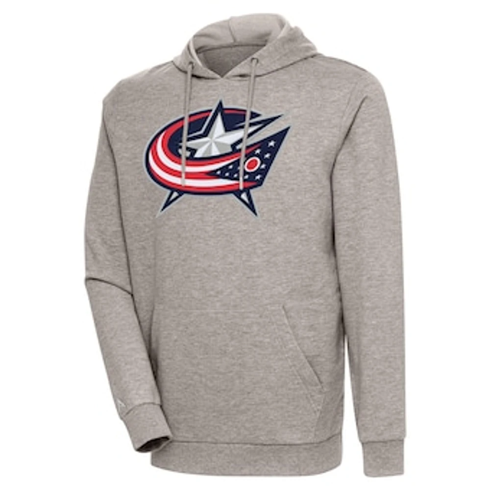 Men's Antigua Oatmeal Columbus Blue Jackets Logo Action Chenille Pullover Hoodie