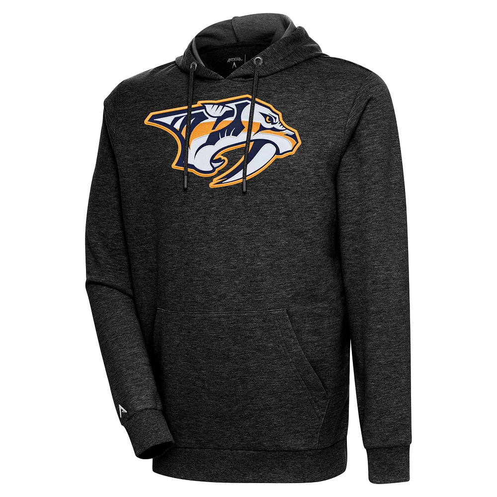 Men's Antigua Heather Black Nashville Predators Logo Action Chenille Pullover Hoodie