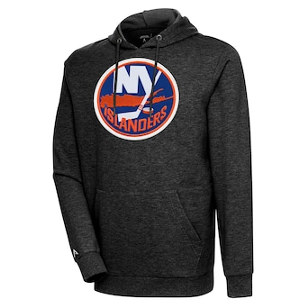 Men's Antigua Heather Black New York Islanders Logo Action Chenille Pullover Hoodie