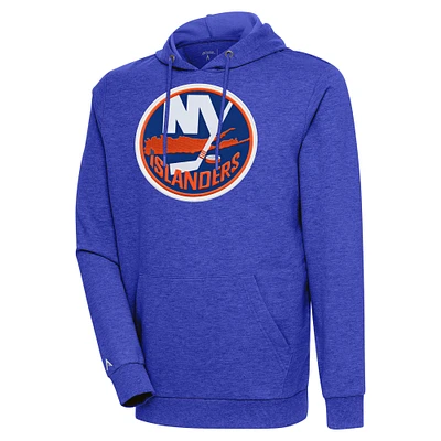 Men's Antigua Heather Royal New York Islanders Logo Action Chenille Pullover Hoodie