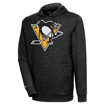 Men's Antigua Heather Black Pittsburgh Penguins Logo Action Chenille Pullover Hoodie