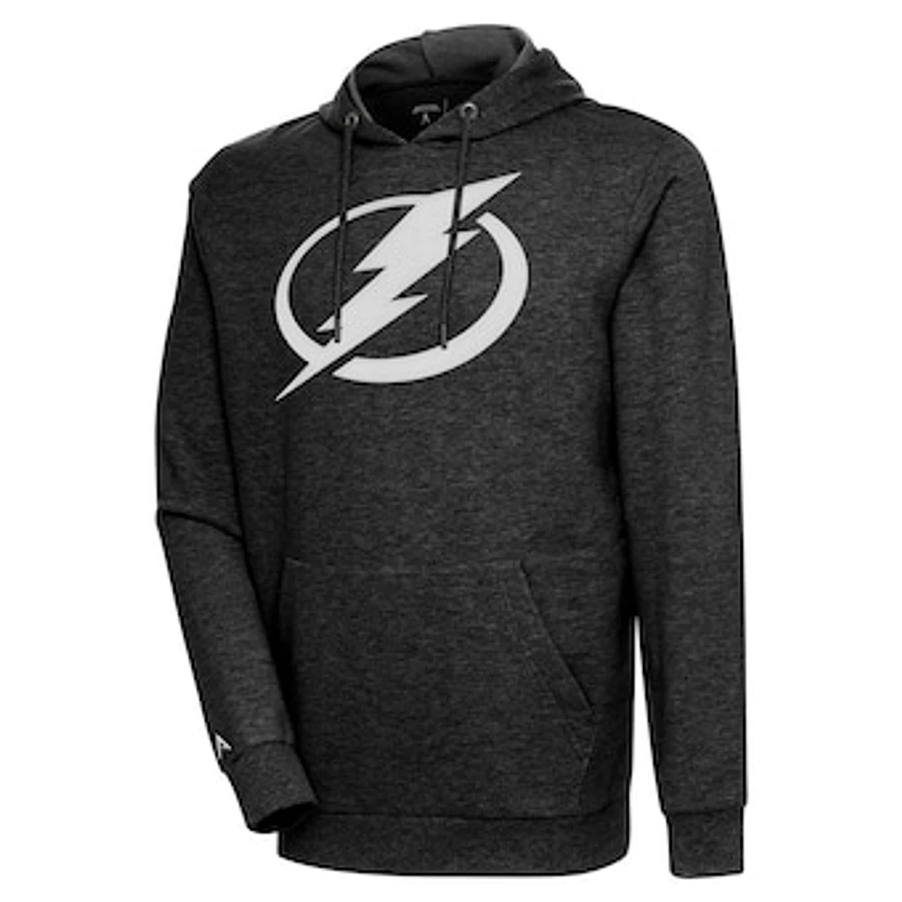 Men's Antigua Heather Black Tampa Bay Lightning Logo Action Chenille Pullover Hoodie