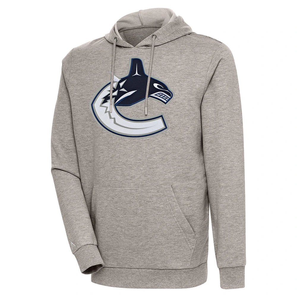 Men's Antigua Oatmeal Vancouver Canucks Logo Action Chenille Pullover Hoodie