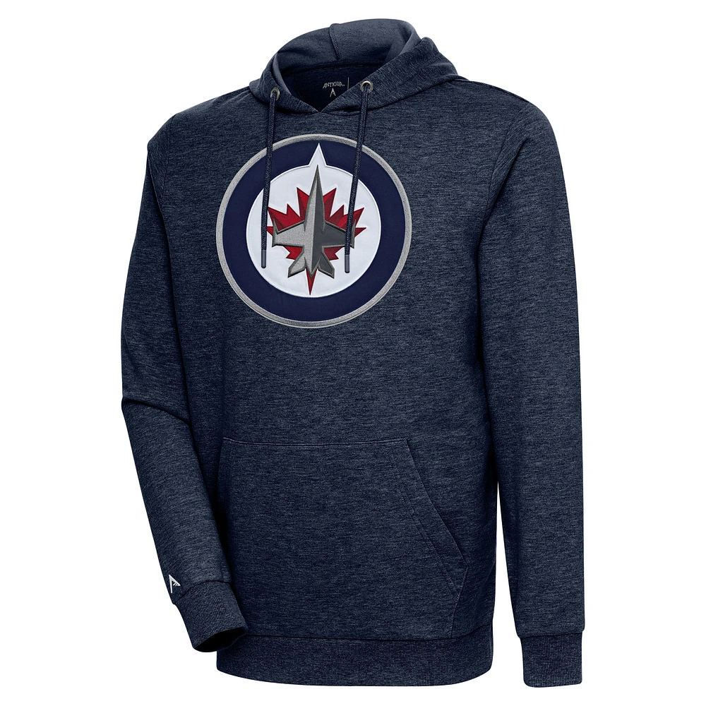 Men's Antigua Heather Navy Winnipeg Jets Logo Action Chenille Pullover Hoodie