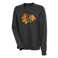 Women's Antigua Heather Black Chicago Blackhawks Action Crewneck Chenille Pullover Sweatshirt