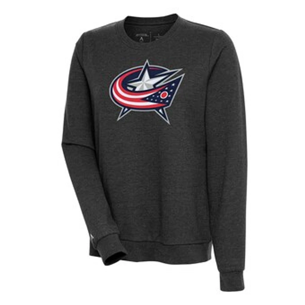 Women's Antigua Heather Black Columbus Blue Jackets Action Crewneck Chenille Pullover Sweatshirt