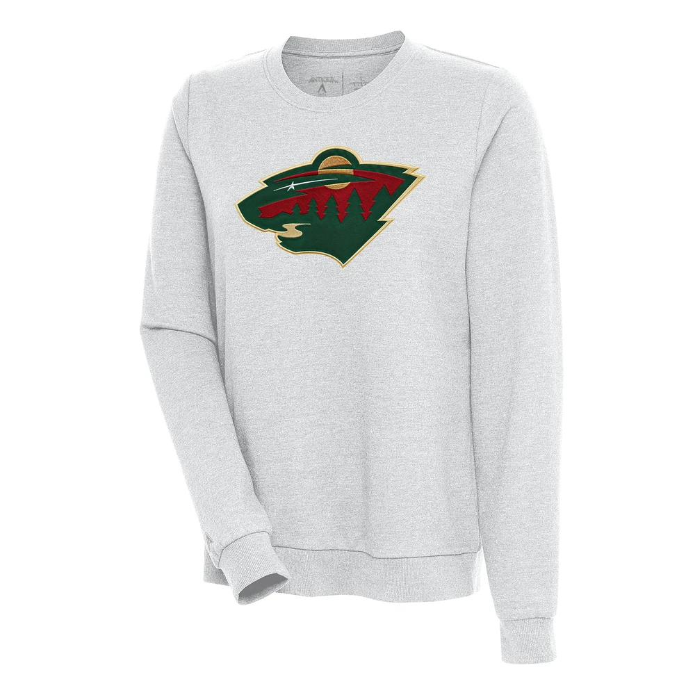 Women's Antigua Heather Gray Minnesota Wild Action Crewneck Chenille Pullover Sweatshirt