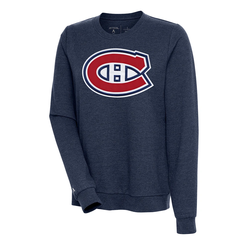 Women's Antigua Heather Navy Montreal Canadiens Action Crewneck Chenille Pullover Sweatshirt