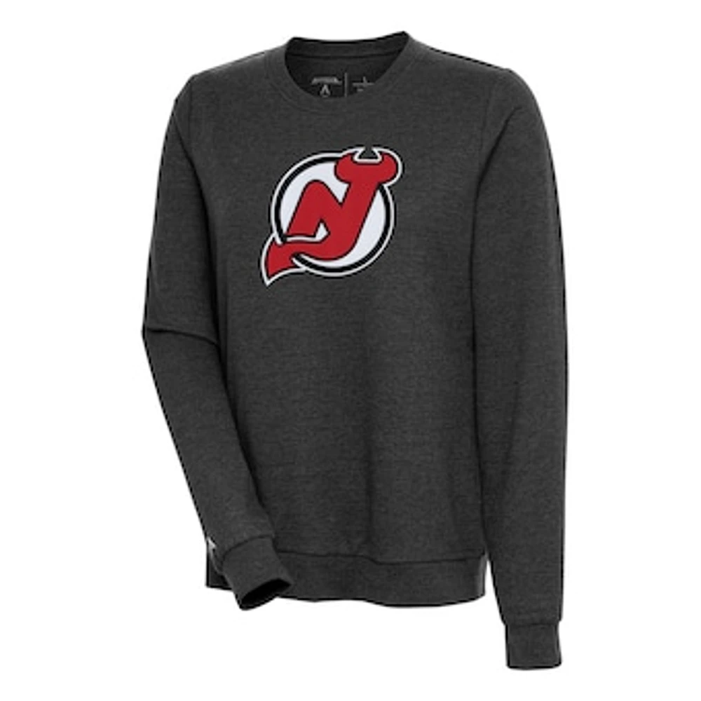 Women's Antigua Heather Black New Jersey Devils Action Crewneck Chenille Pullover Sweatshirt