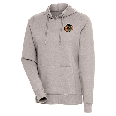 Women's Antigua Oatmeal Chicago Blackhawks Action Chenille Pullover Hoodie