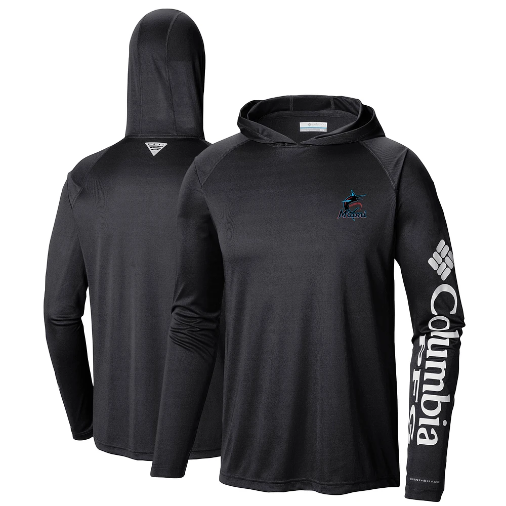 Men's Columbia Black Miami Marlins Terminal Tackle Long Sleeve Hoodie T-Shirt