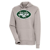 Women's Antigua Oatmeal New York Jets Action Pullover Hoodie