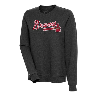 Women's Antigua Heather Black Atlanta Braves Action Crewneck Pullover Sweatshirt