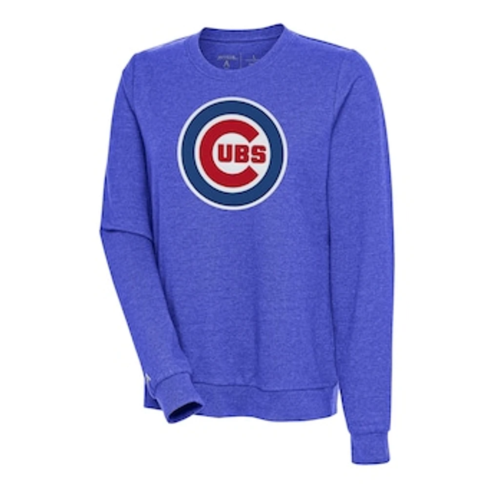 Women's Antigua Heather Royal Chicago Cubs Action Crewneck Pullover Sweatshirt