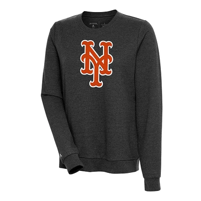 Women's Antigua Heather Black New York Mets Action Crewneck Pullover Sweatshirt