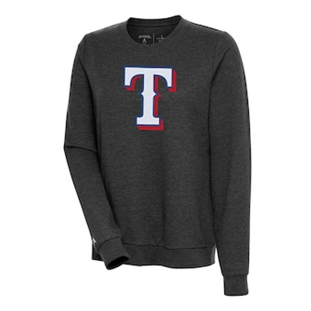 Women's Antigua Heather Black Texas Rangers Action Crewneck Pullover Sweatshirt