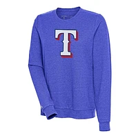 Women's Antigua Heather Royal Texas Rangers Action Crewneck Pullover Sweatshirt