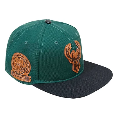 Men's Pro Standard  Hunter Green Milwaukee Bucks Heritage Leather Patch Snapback Hat