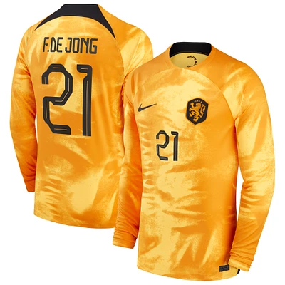 Men's Nike Frenkie de Jong Orange Netherlands National Team 2022/23 Home Breathe Stadium Replica Player Long Sleeve Jersey