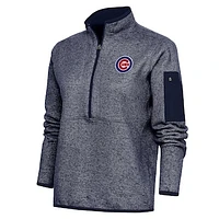 Women's Antigua Heather Navy Chicago Cubs Logo Fortune Quarter-Zip Pullover Jacket