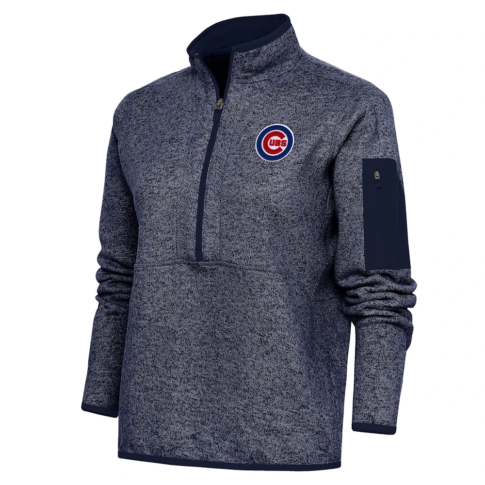 Women's Antigua Heather Navy Chicago Cubs Logo Fortune Quarter-Zip Pullover Jacket