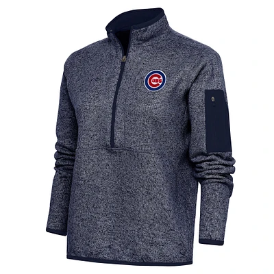 Women's Antigua Heather Navy Chicago Cubs Logo Fortune Quarter-Zip Pullover Jacket