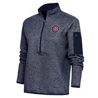 Women's Antigua Heather Navy Chicago Cubs Logo Fortune Quarter-Zip Pullover Jacket