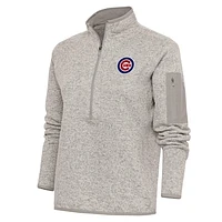 Women's Antigua Oatmeal Chicago Cubs Logo Fortune Quarter-Zip Pullover Jacket