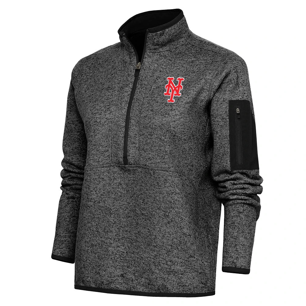 Women's Antigua Heather Black New York Mets Logo Fortune Quarter-Zip Pullover Jacket