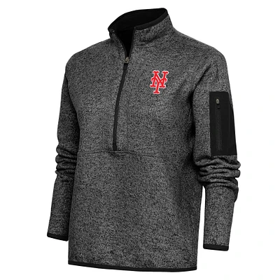 Women's Antigua Heather Black New York Mets Logo Fortune Quarter-Zip Pullover Jacket