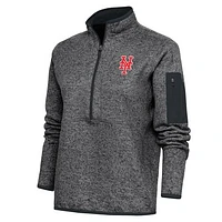 Women's Antigua Heather Charcoal New York Mets Logo Fortune Quarter-Zip Pullover Jacket