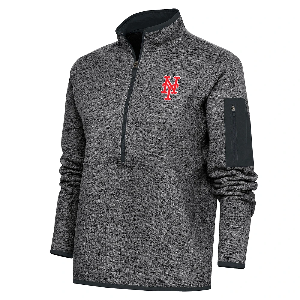 Women's Antigua Heather Charcoal New York Mets Logo Fortune Quarter-Zip Pullover Jacket