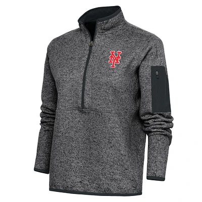 Women's Antigua Heather Charcoal New York Mets Logo Fortune Quarter-Zip Pullover Jacket