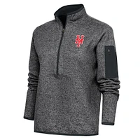 Women's Antigua Heather Charcoal New York Mets Logo Fortune Quarter-Zip Pullover Jacket